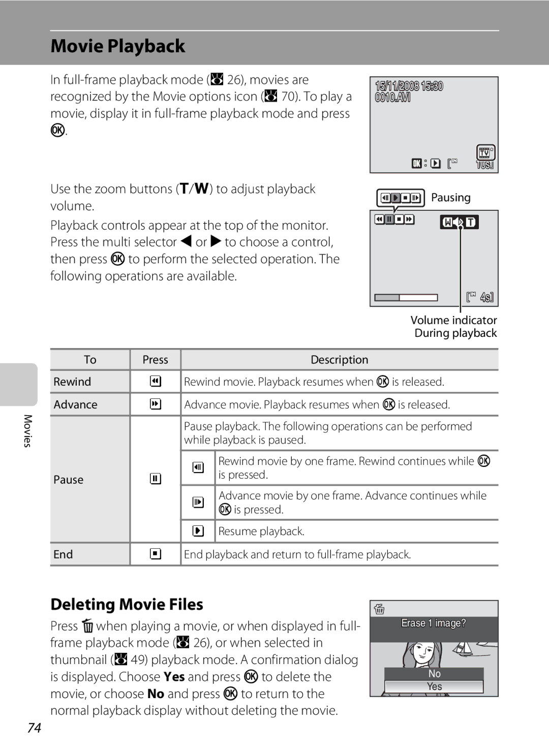 Nortel Networks S560 user manual Movie Playback, Deleting Movie Files, Use the zoom buttons g/f to adjust playback Volume 