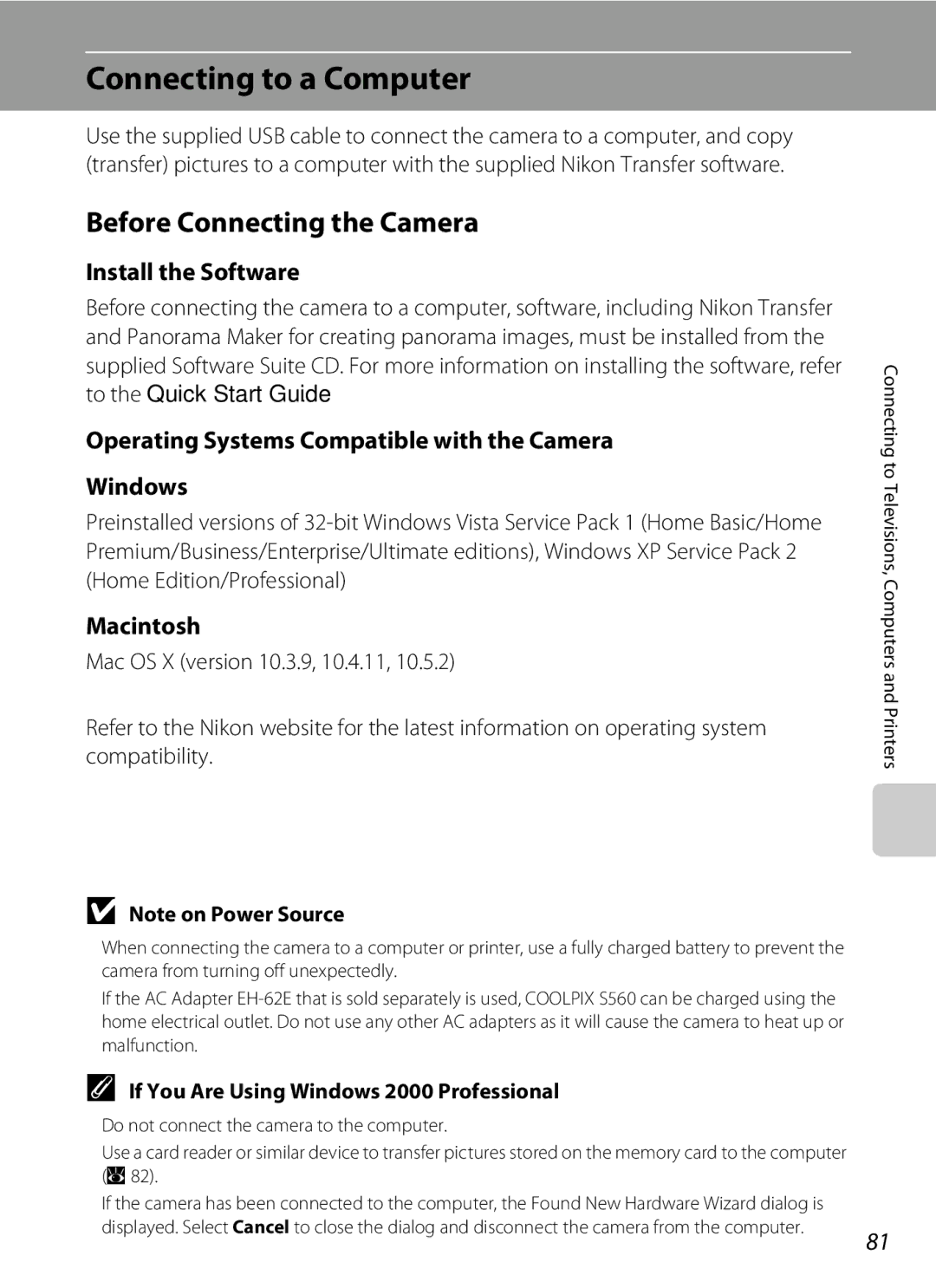 Nortel Networks S560 user manual Connecting to a Computer, Before Connecting the Camera, Install the Software, Macintosh 