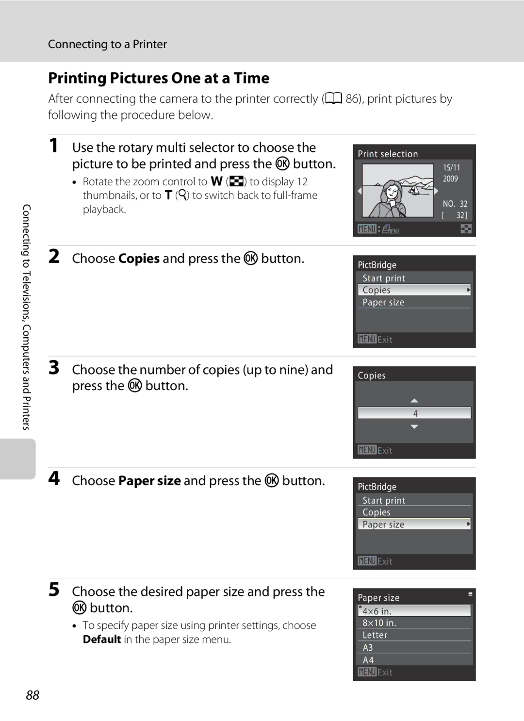 Nortel Networks S640 user manual Printing Pictures One at a Time, Choose Paper size and press the k button 