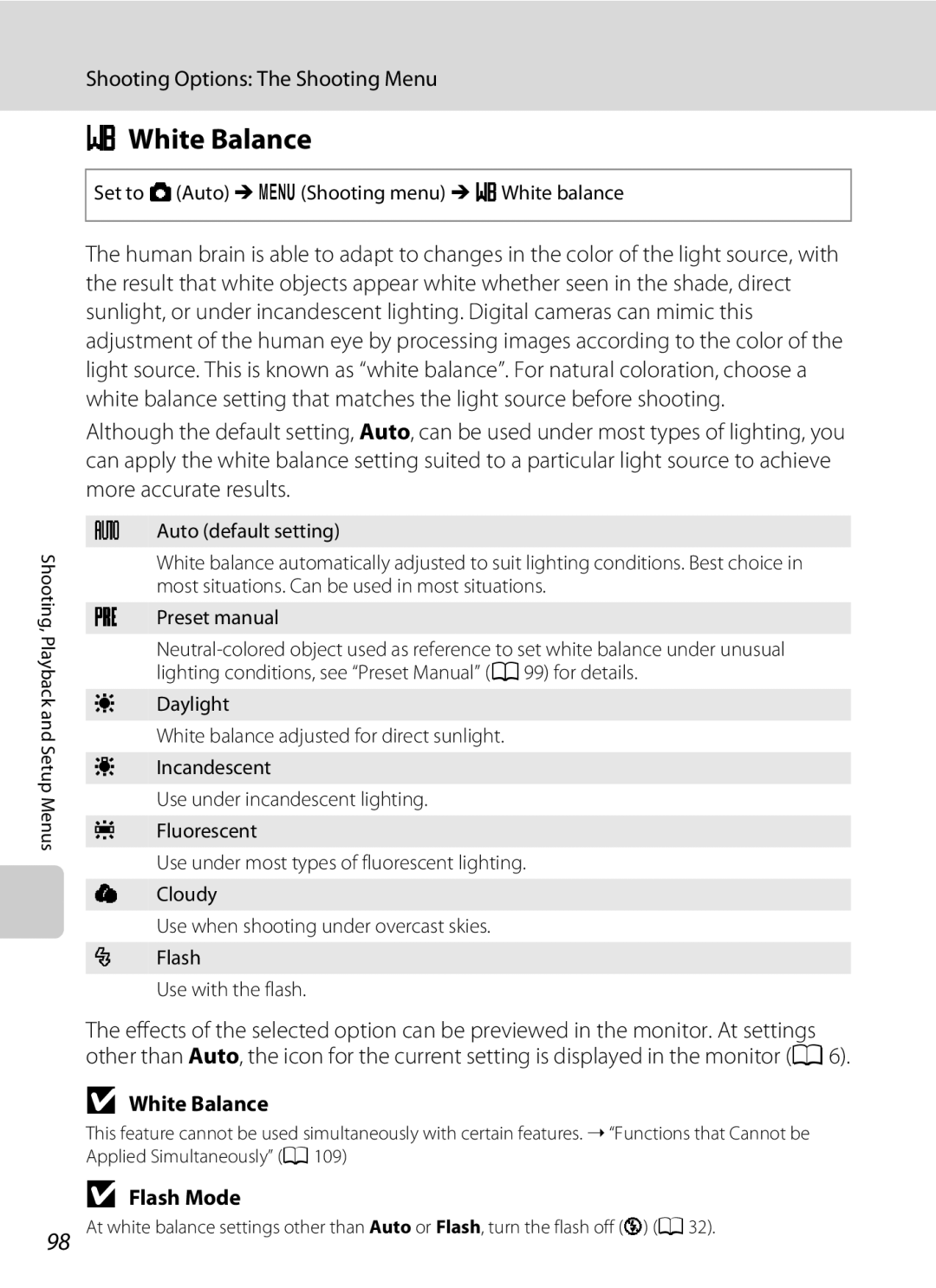 Nortel Networks S640 user manual White Balance, Flash Mode 