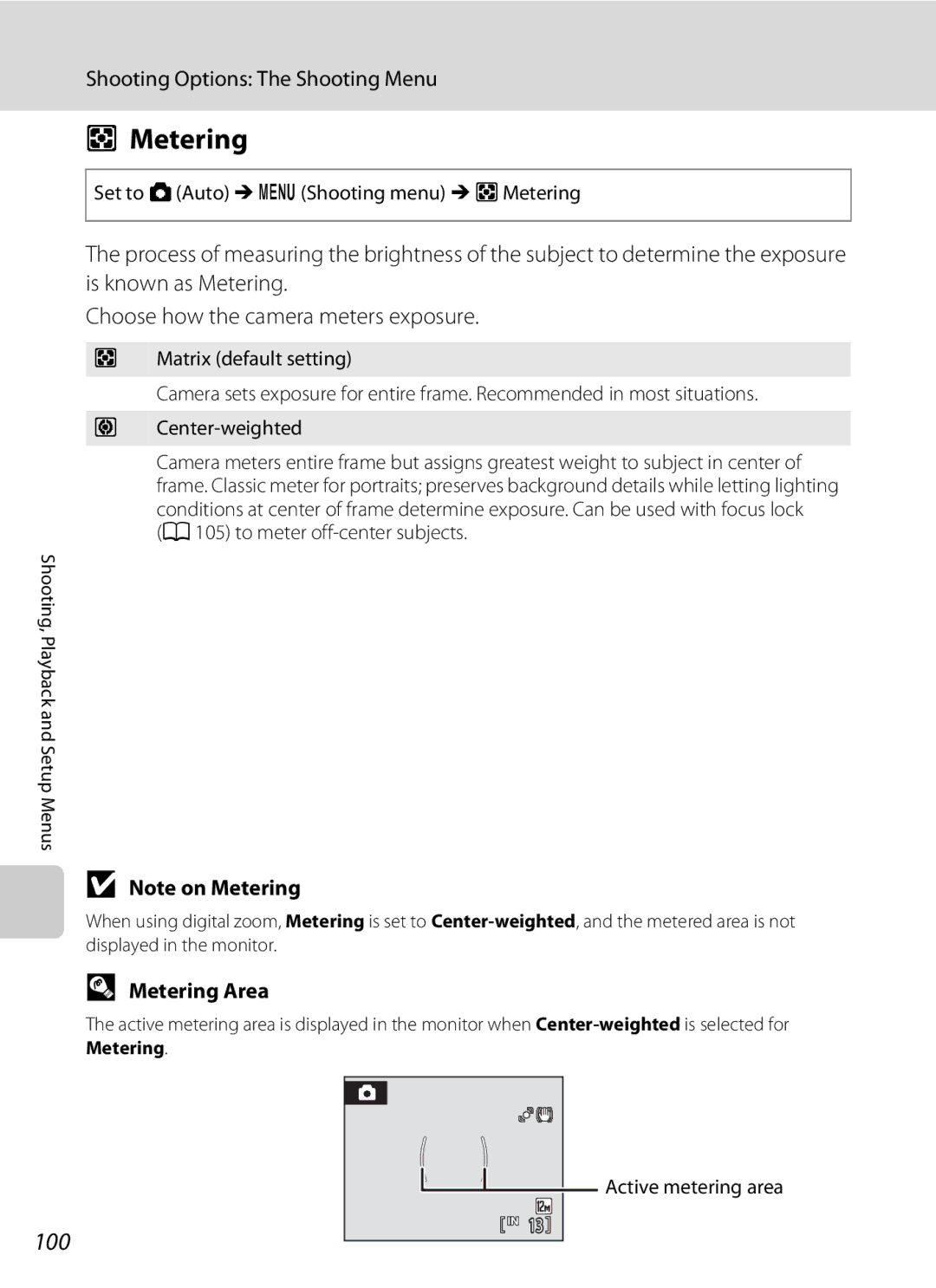 Nortel Networks S640 user manual 100, Metering Area, Set to AAuto Md Shooting menu M G Metering, Active metering area 