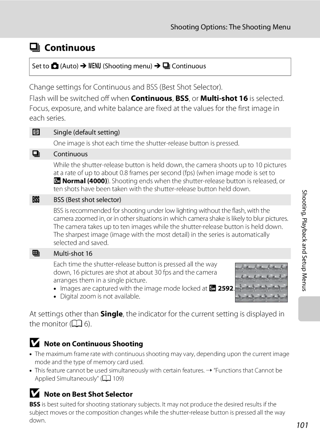 Nortel Networks S640 user manual 101, Set to AAuto Md Shooting menu M CContinuous 