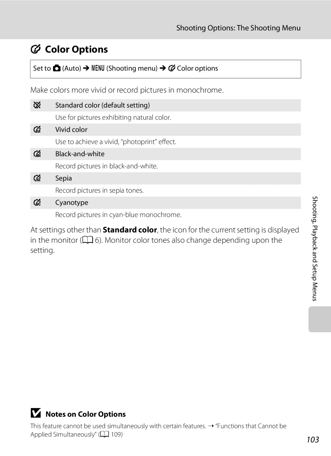 Nortel Networks S640 user manual Color Options, 103, Make colors more vivid or record pictures in monochrome 