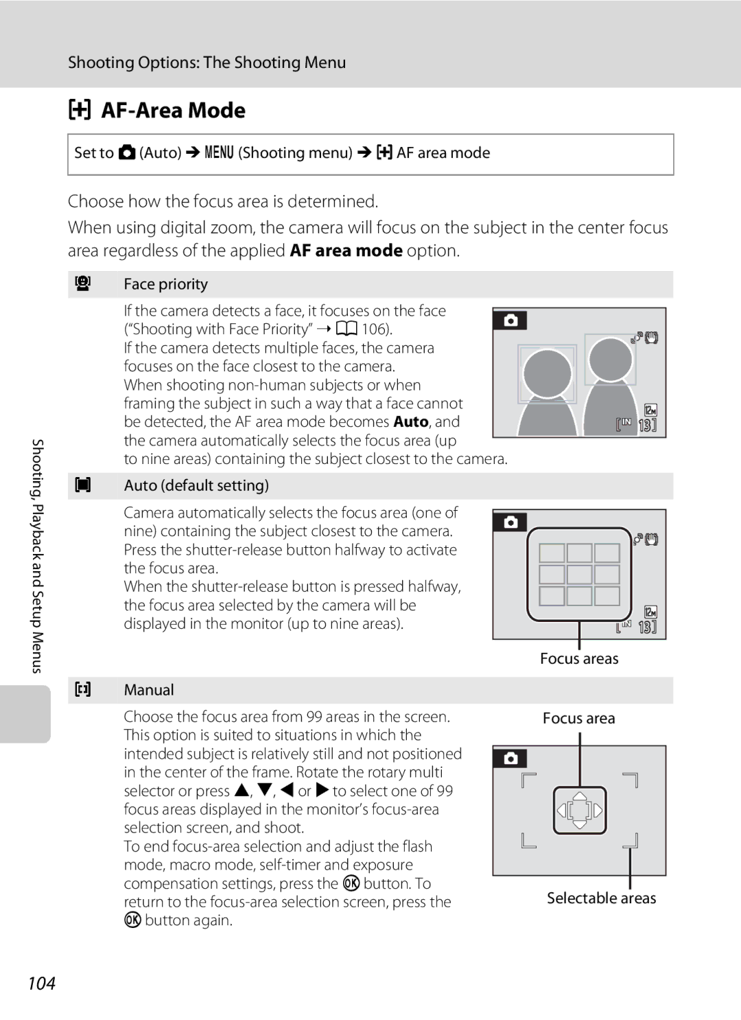 Nortel Networks S640 user manual AF-Area Mode, 104, Set to AAuto Md Shooting menu M G AF area mode, Face priority 