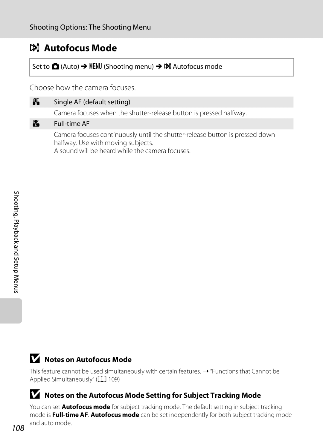 Nortel Networks S640 Autofocus Mode, 108, Choose how the camera focuses, Set to AAuto Md Shooting menu M I Autofocus mode 