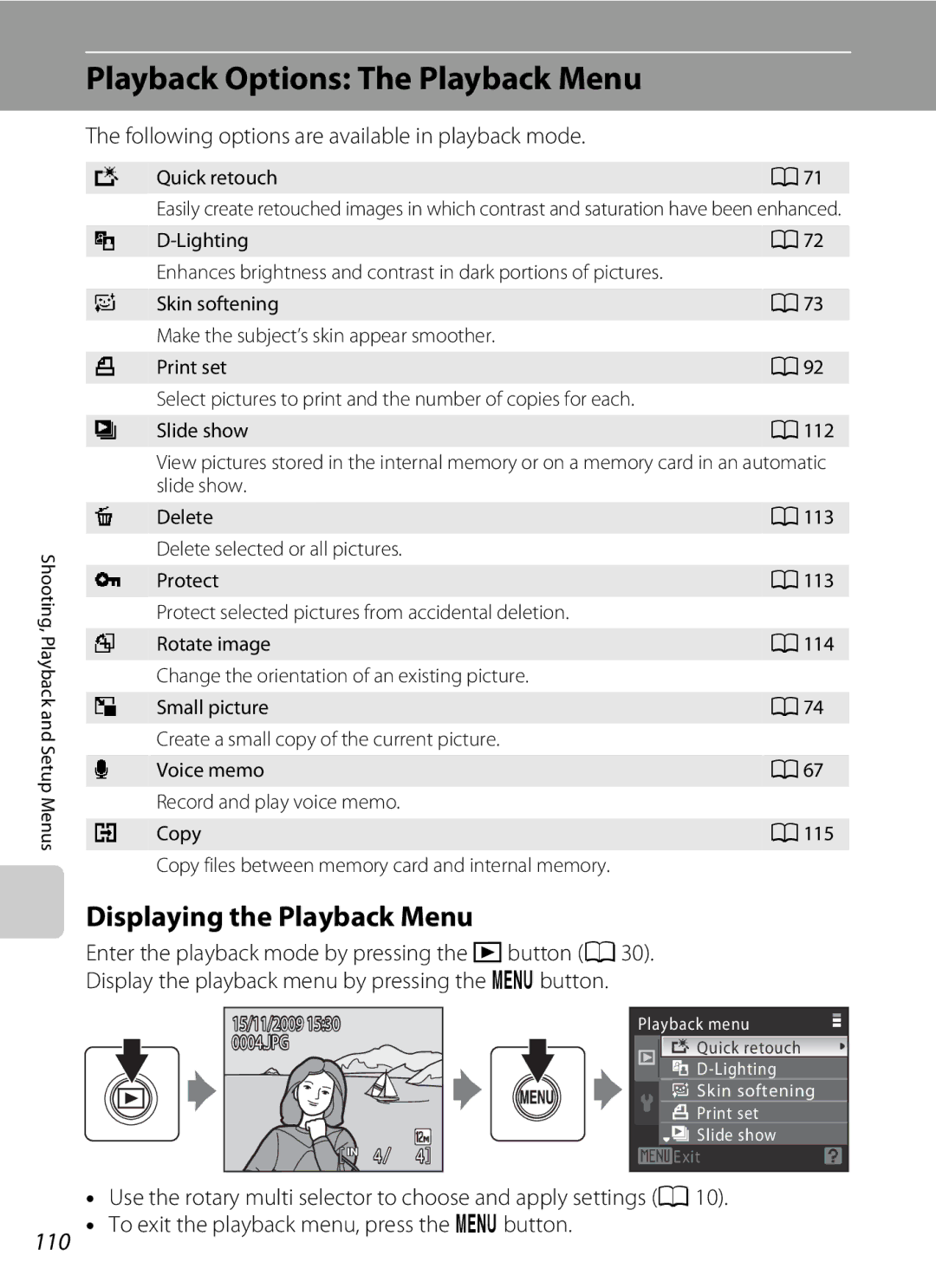 Nortel Networks S640 user manual Playback Options The Playback Menu, Displaying the Playback Menu, 110 