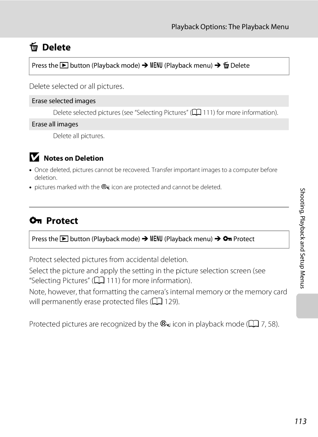 Nortel Networks S640 user manual Protect, 113, Delete selected or all pictures 