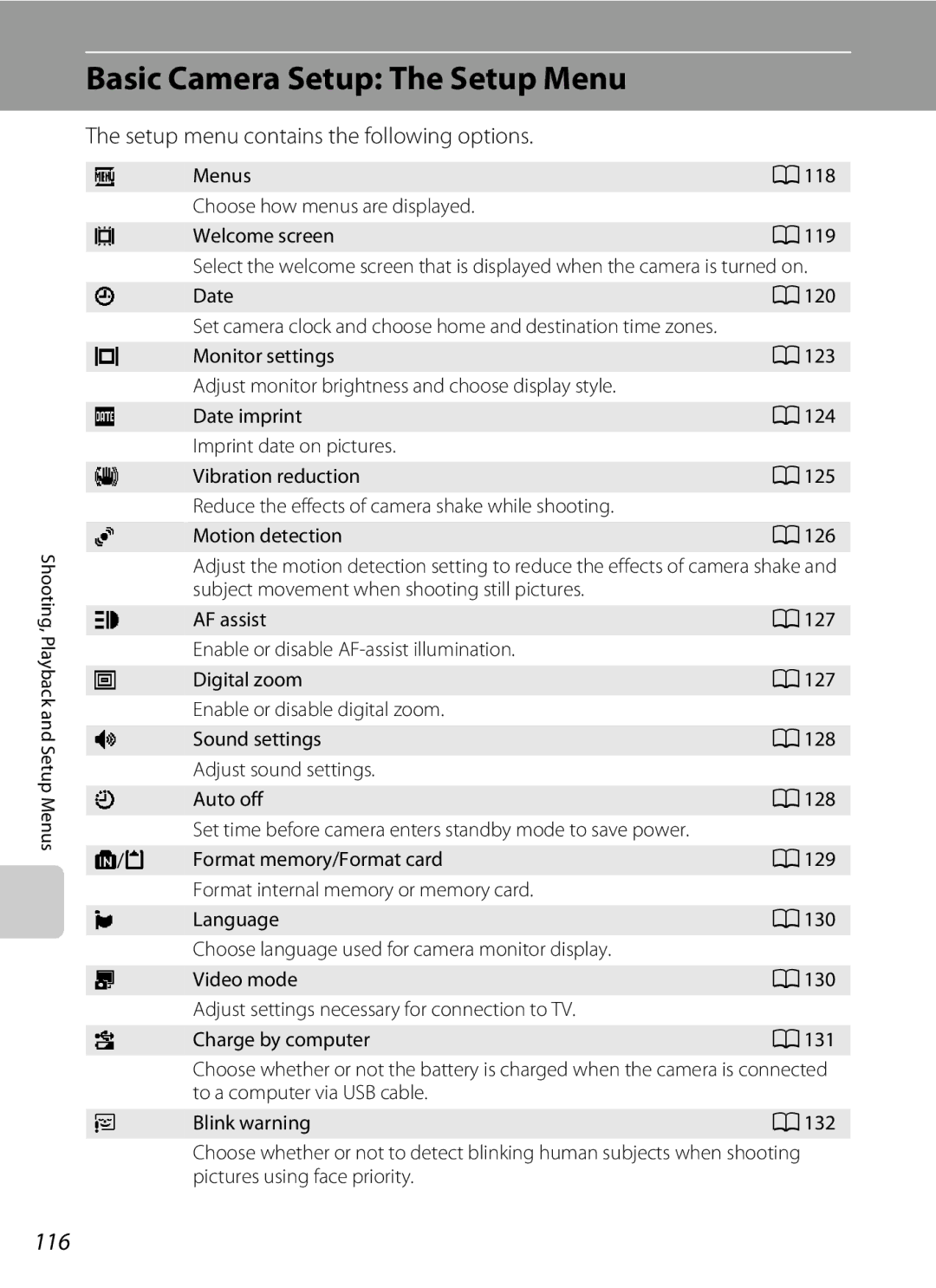 Nortel Networks S640 Basic Camera Setup The Setup Menu, 116, Setup menu contains the following options, Date A120 