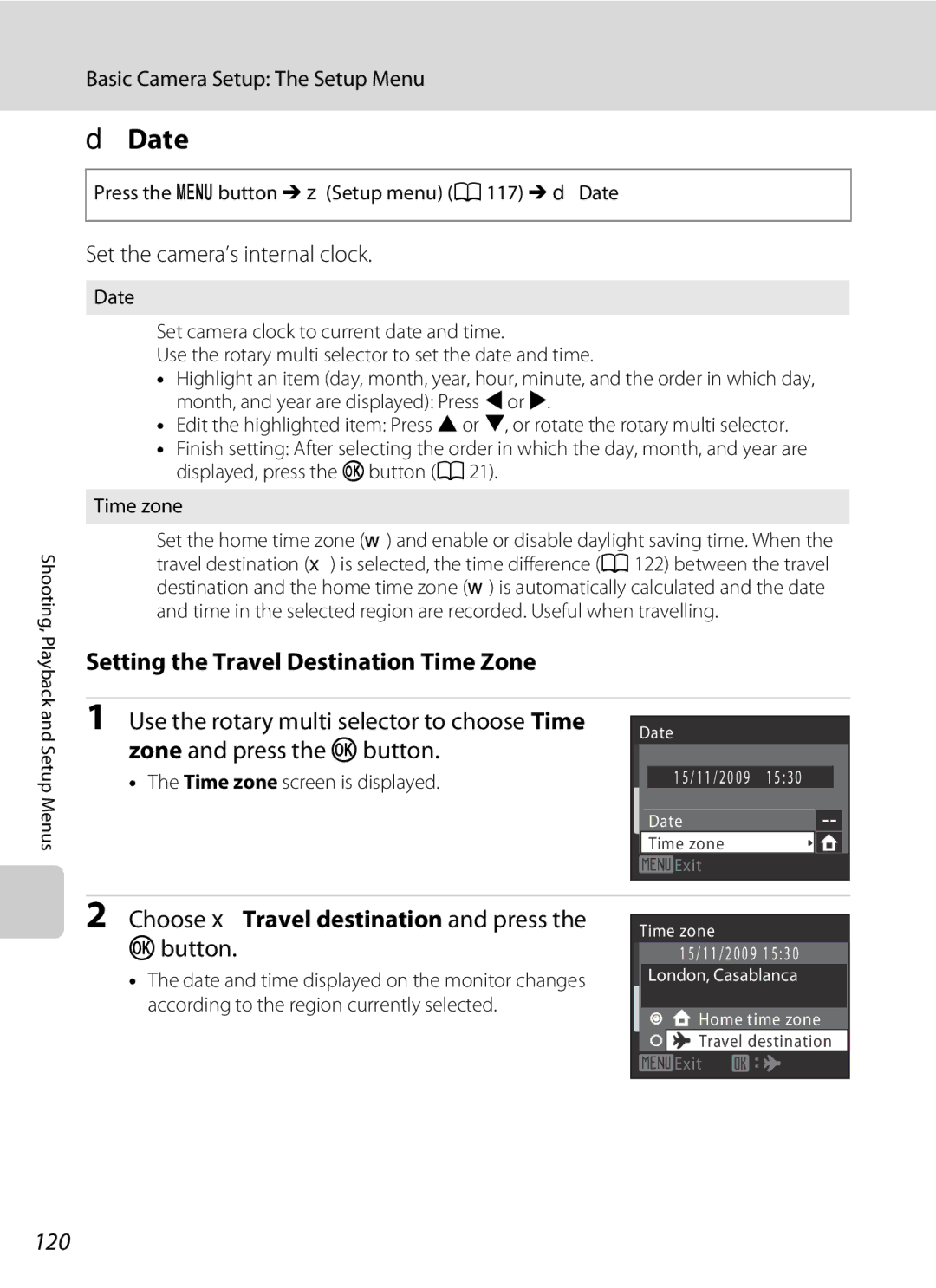 Nortel Networks S640 Date, Setting the Travel Destination Time Zone, Choose xTravel destination and press Button, 120 