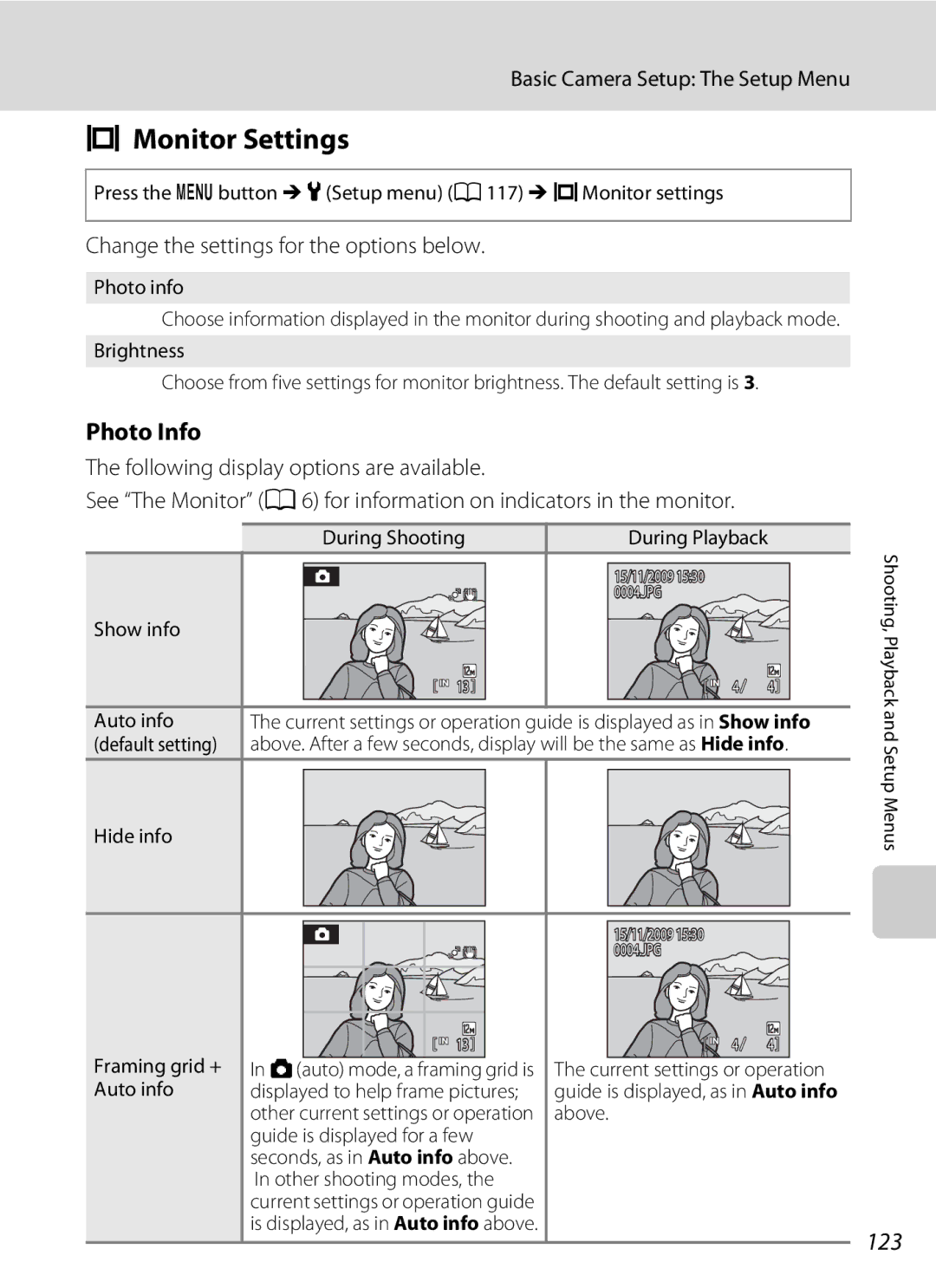 Nortel Networks S640 user manual Monitor Settings, Photo Info, 123, Change the settings for the options below 