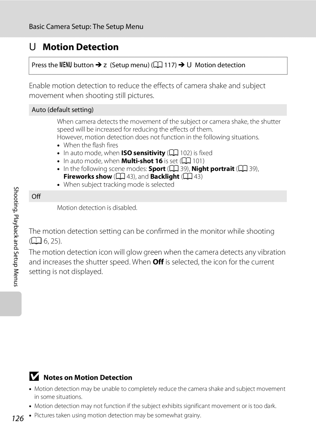 Nortel Networks S640 user manual Motion Detection, 126, Press the d button M zSetup menu a 117 M UMotion detection 