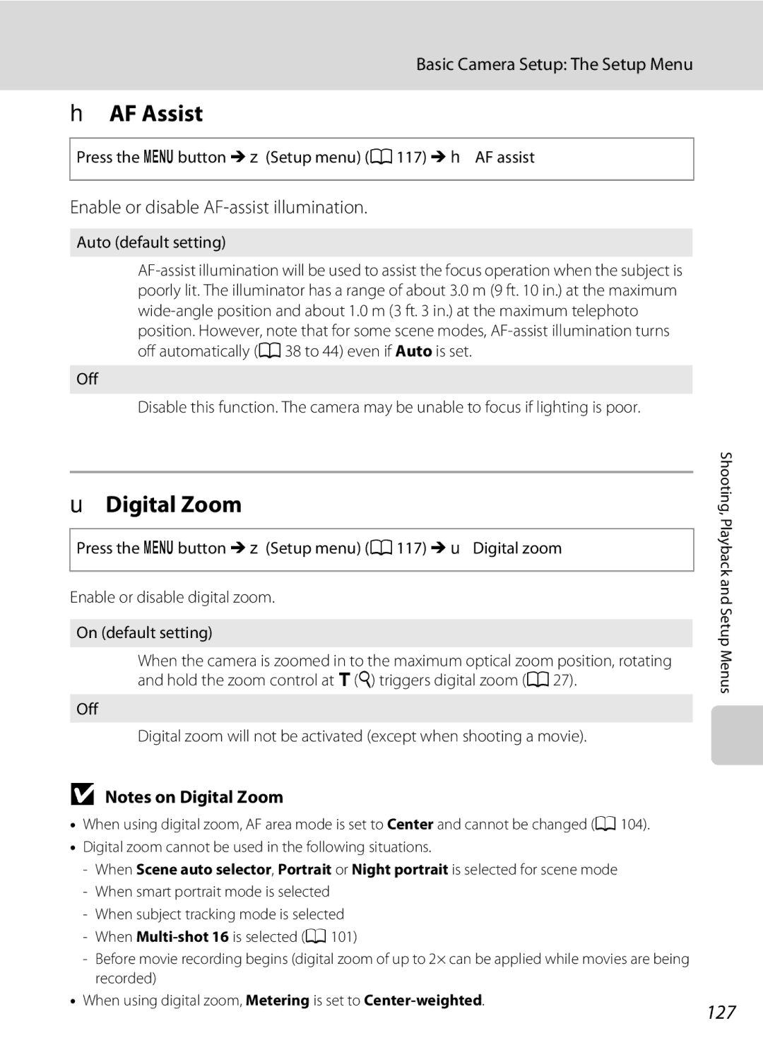 Nortel Networks S640 user manual AF Assist, Digital Zoom, 127, Enable or disable AF-assist illumination 