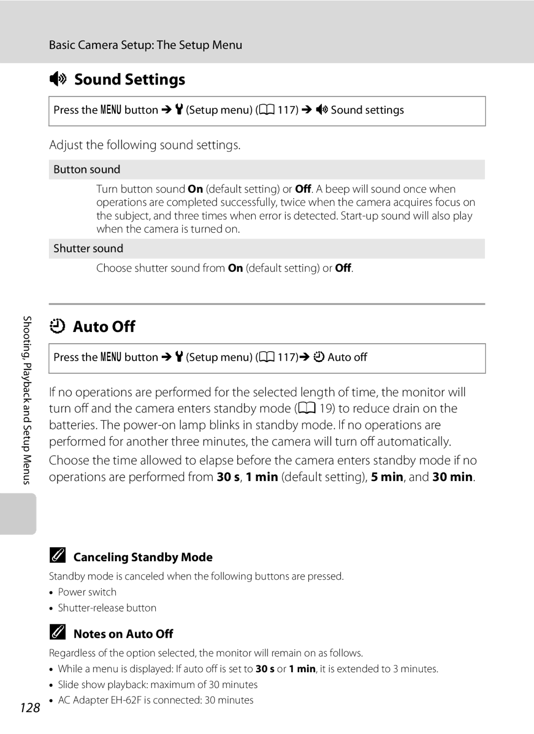 Nortel Networks S640 user manual Sound Settings, Auto Off, 128, Adjust the following sound settings, Canceling Standby Mode 