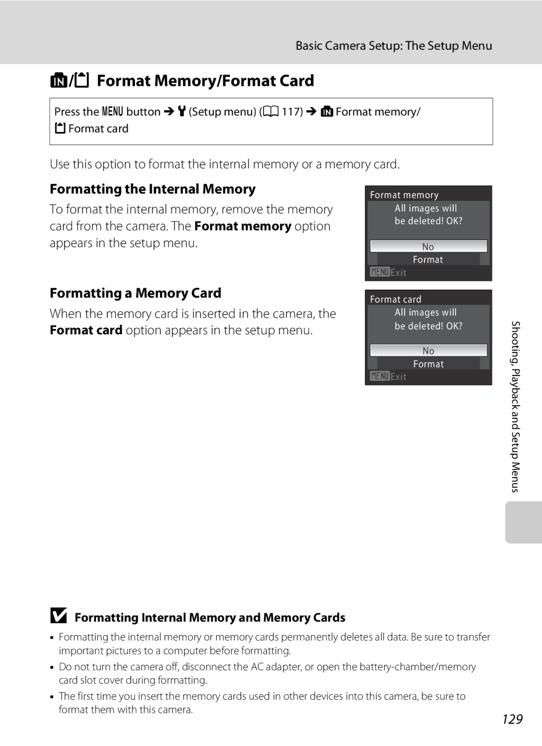 Nortel Networks S640 user manual Format Memory/Format Card, Formatting the Internal Memory, Formatting a Memory Card, 129 