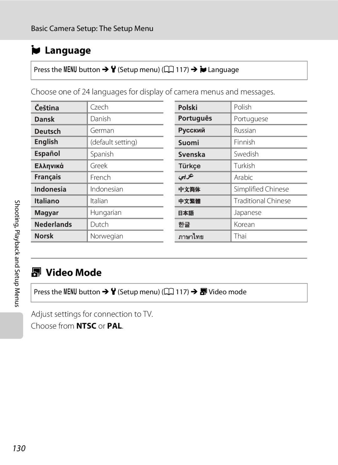 Nortel Networks S640 user manual Video Mode, 130, Press the d button M zSetup menu a 117 M nLanguage 