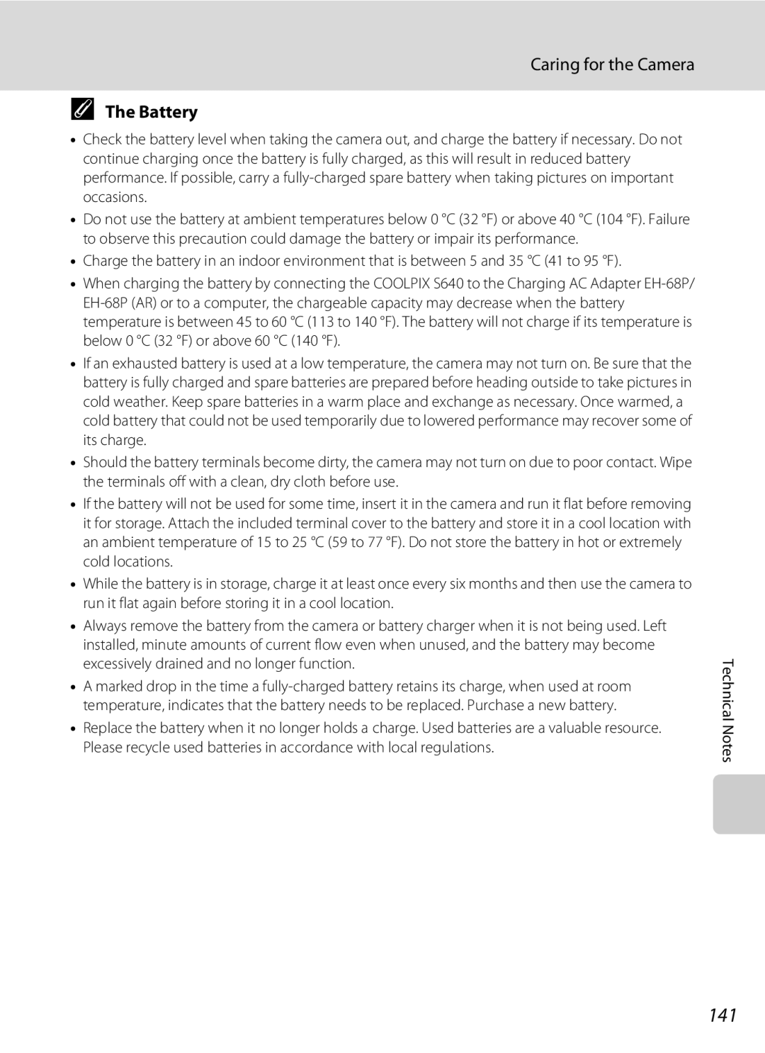 Nortel Networks S640 user manual 141, Caring for the Camera, Battery 