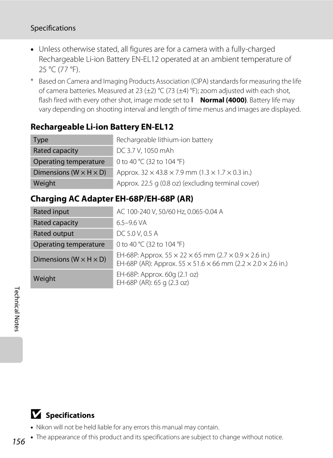 Nortel Networks S640 user manual Rechargeable Li-ion Battery EN-EL12, Charging AC Adapter EH-68P/EH-68P AR, Specifications 
