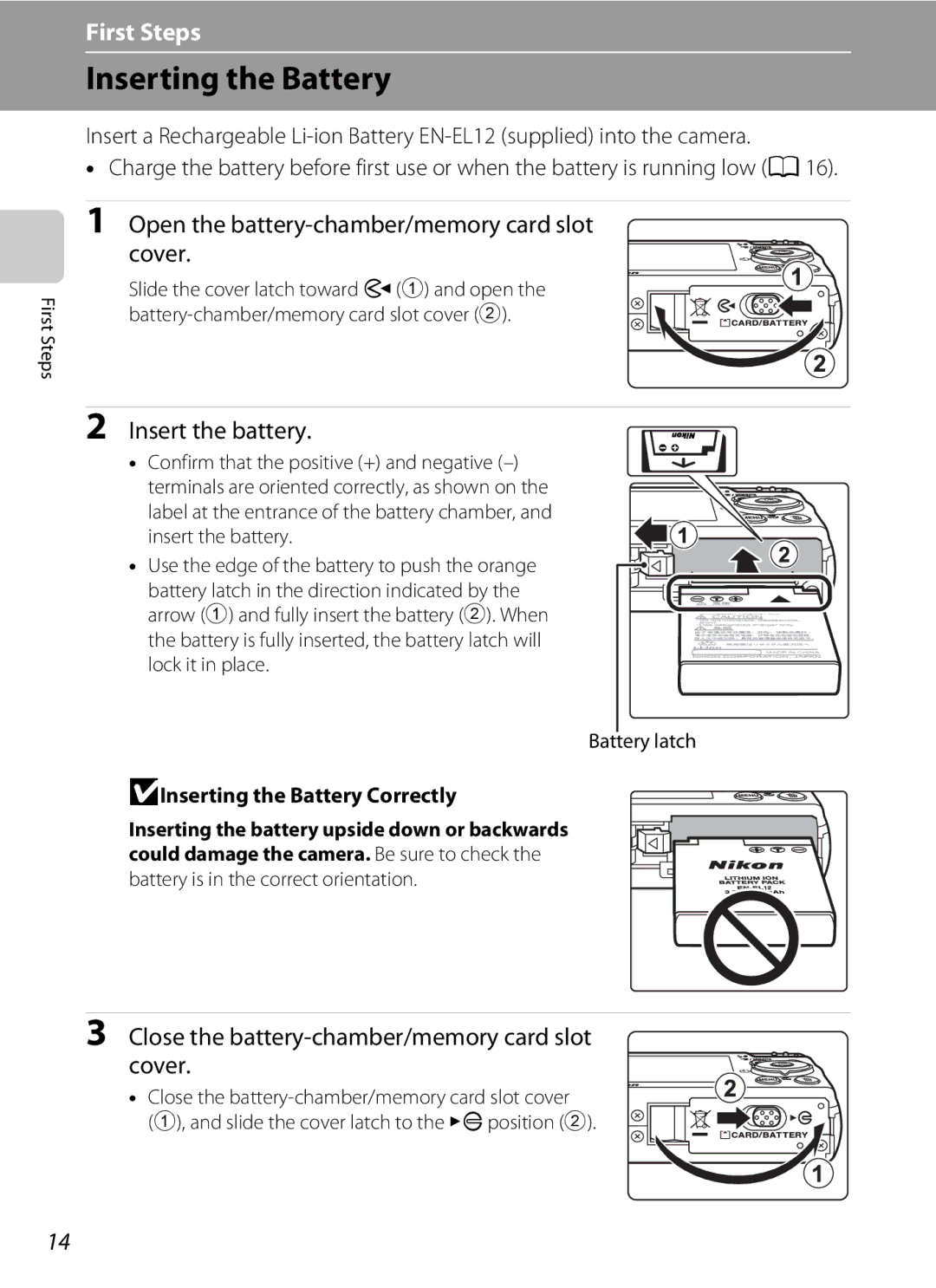 Nortel Networks S640 user manual Inserting the Battery, Open the battery-chamber/memory card slot cover, Insert the battery 