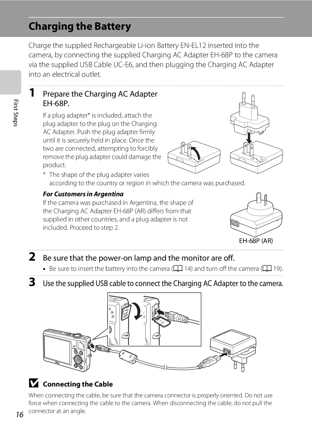 Nortel Networks S640 Charging the Battery, Prepare the Charging AC Adapter EH-68P, Connecting the Cable, EH-68P AR 