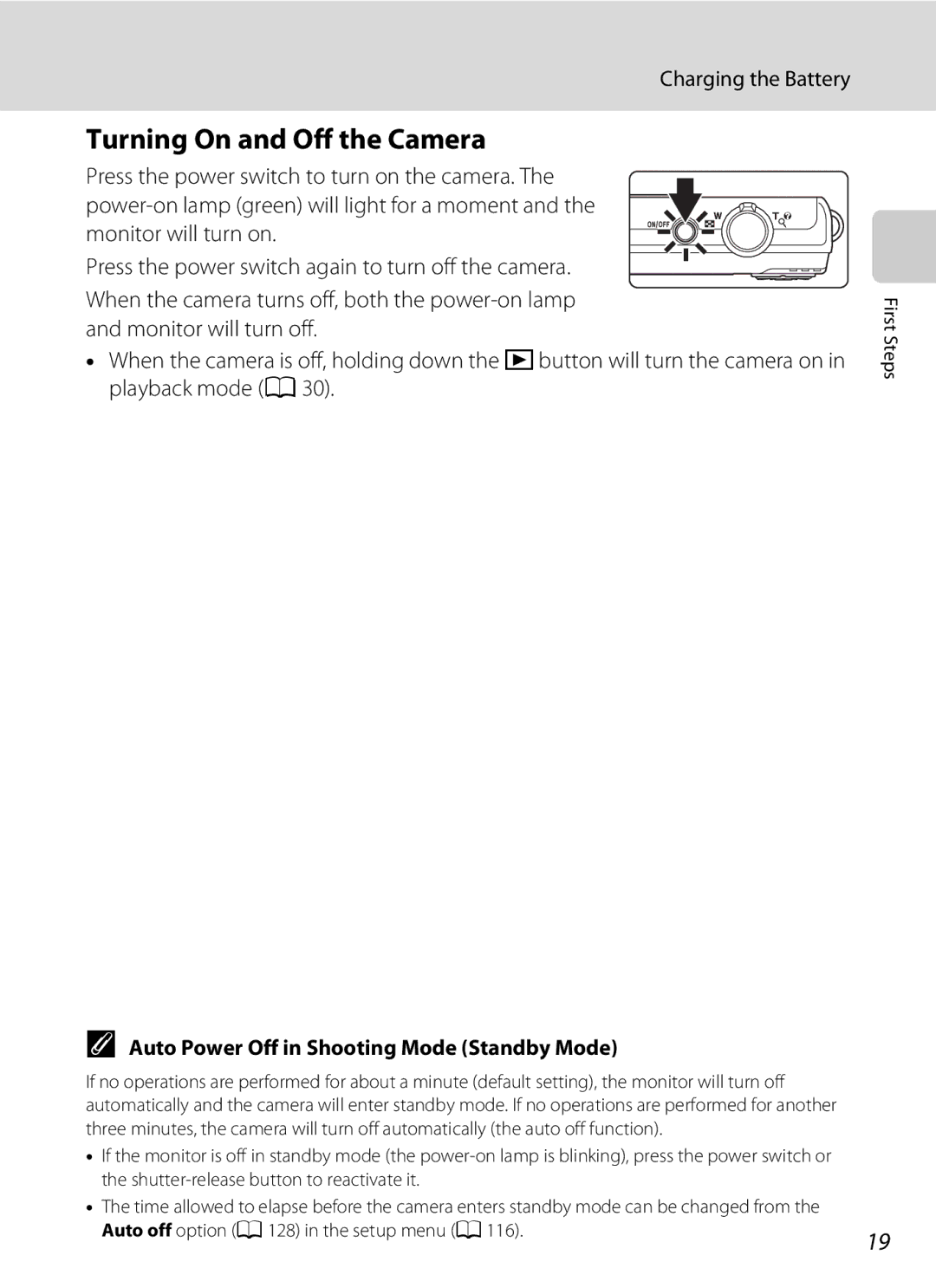 Nortel Networks S640 user manual Turning On and Off the Camera, Auto Power Off in Shooting Mode Standby Mode 