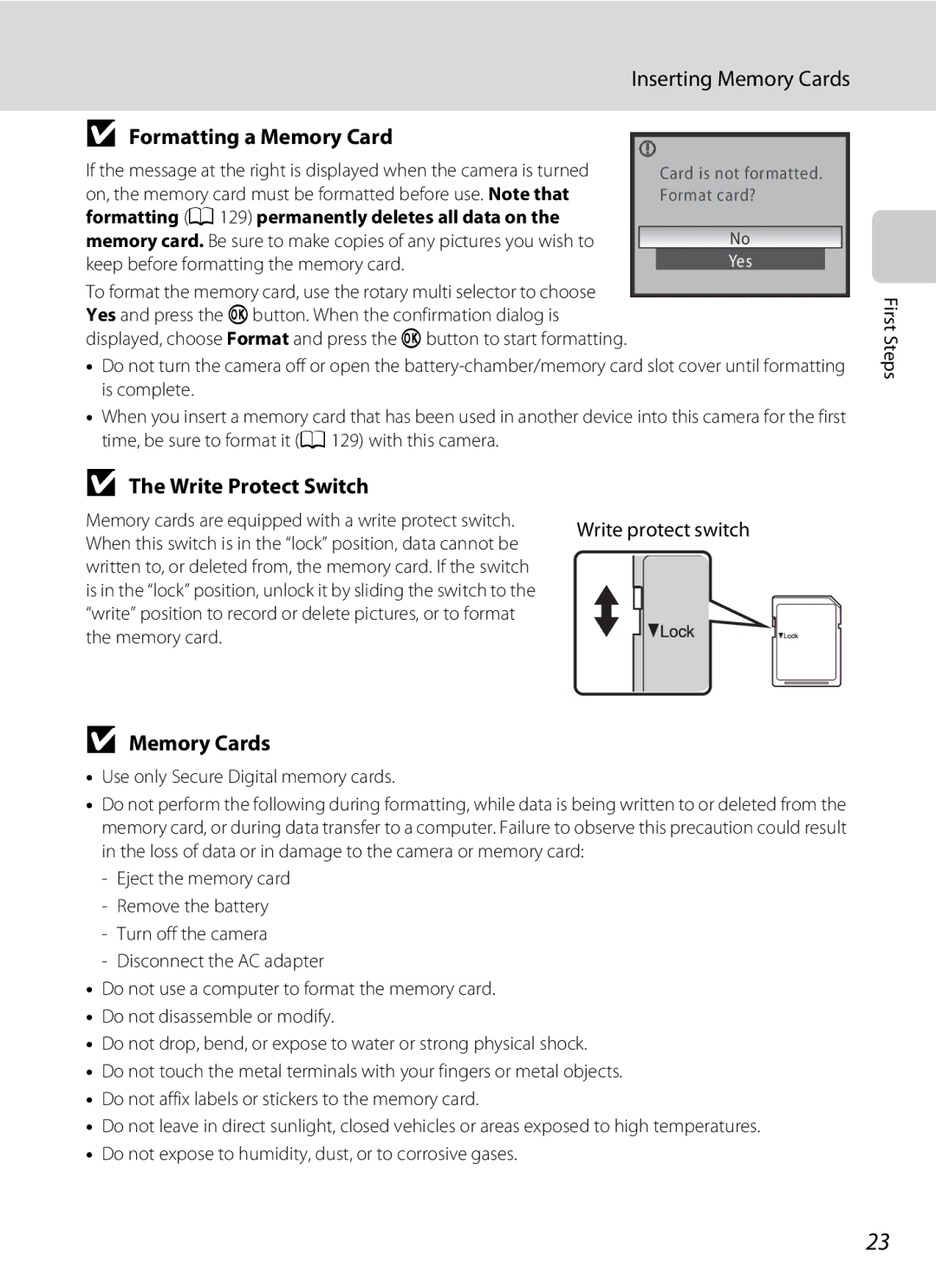 Nortel Networks S640 user manual Inserting Memory Cards, Formatting a Memory Card, Write Protect Switch 