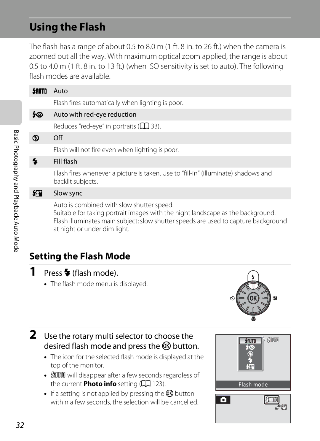 Nortel Networks S640 user manual Using the Flash, Setting the Flash Mode, Press Xflash mode, Flash mode menu is displayed 