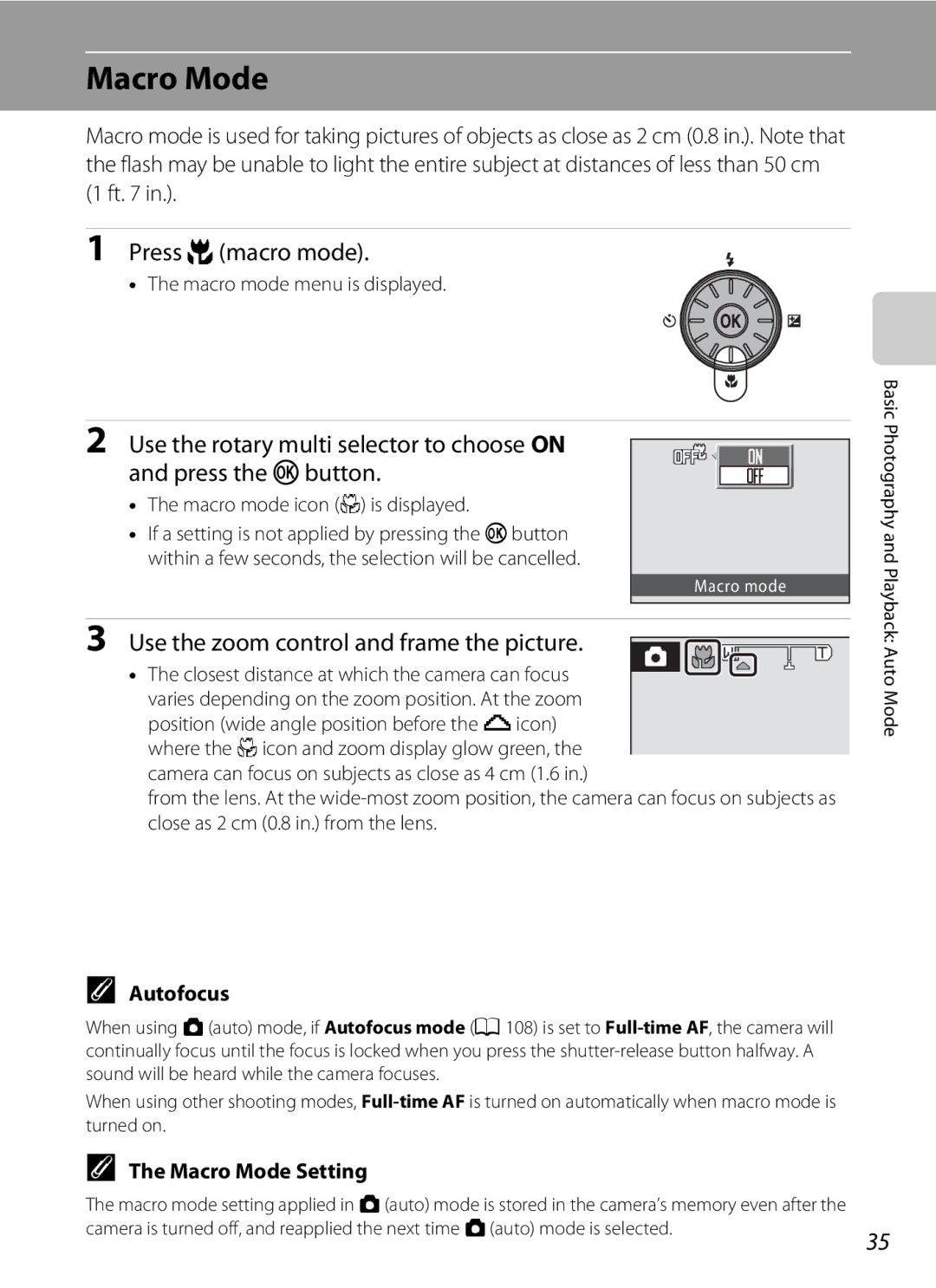 Nortel Networks S640 user manual Press p macro mode, Use the zoom control and frame the picture, Macro Mode Setting 