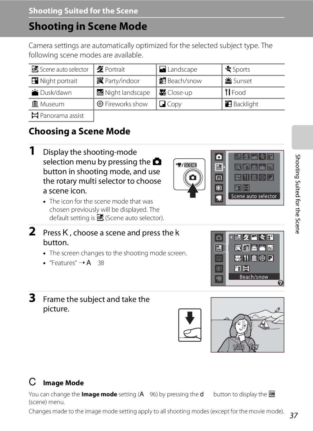 Nortel Networks S640 Shooting in Scene Mode, Choosing a Scene Mode, Press K, choose a scene and press the k button 