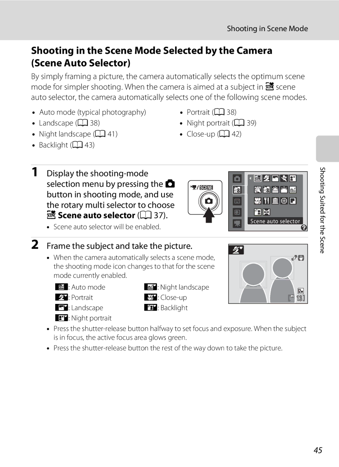 Nortel Networks S640 Scene auto selector A37, Auto mode typical photography Portrait a Landscape a, Night portrait a 