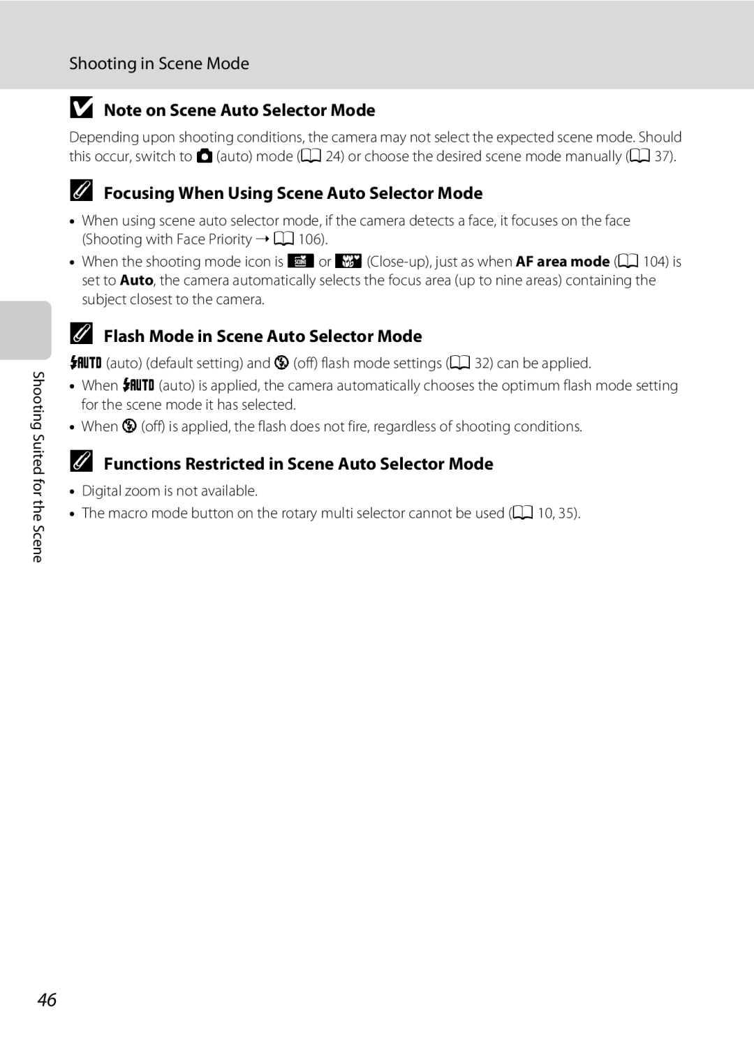 Nortel Networks S640 user manual Focusing When Using Scene Auto Selector Mode, Flash Mode in Scene Auto Selector Mode 