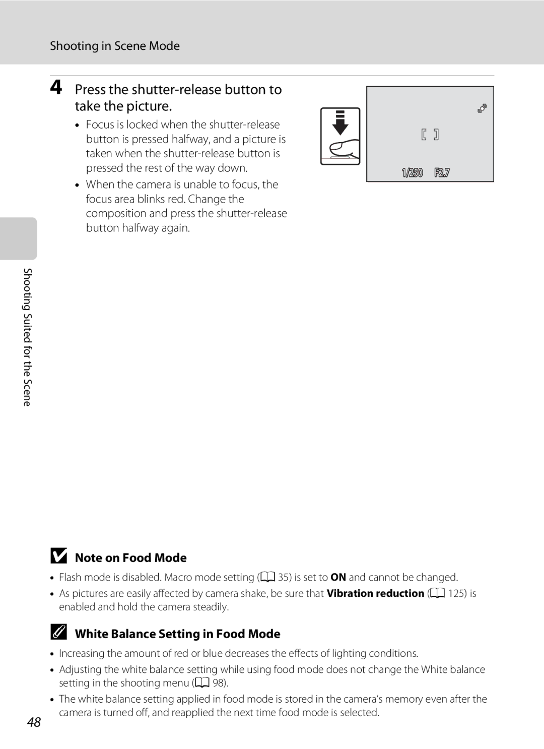 Nortel Networks S640 user manual White Balance Setting in Food Mode, Button halfway again 