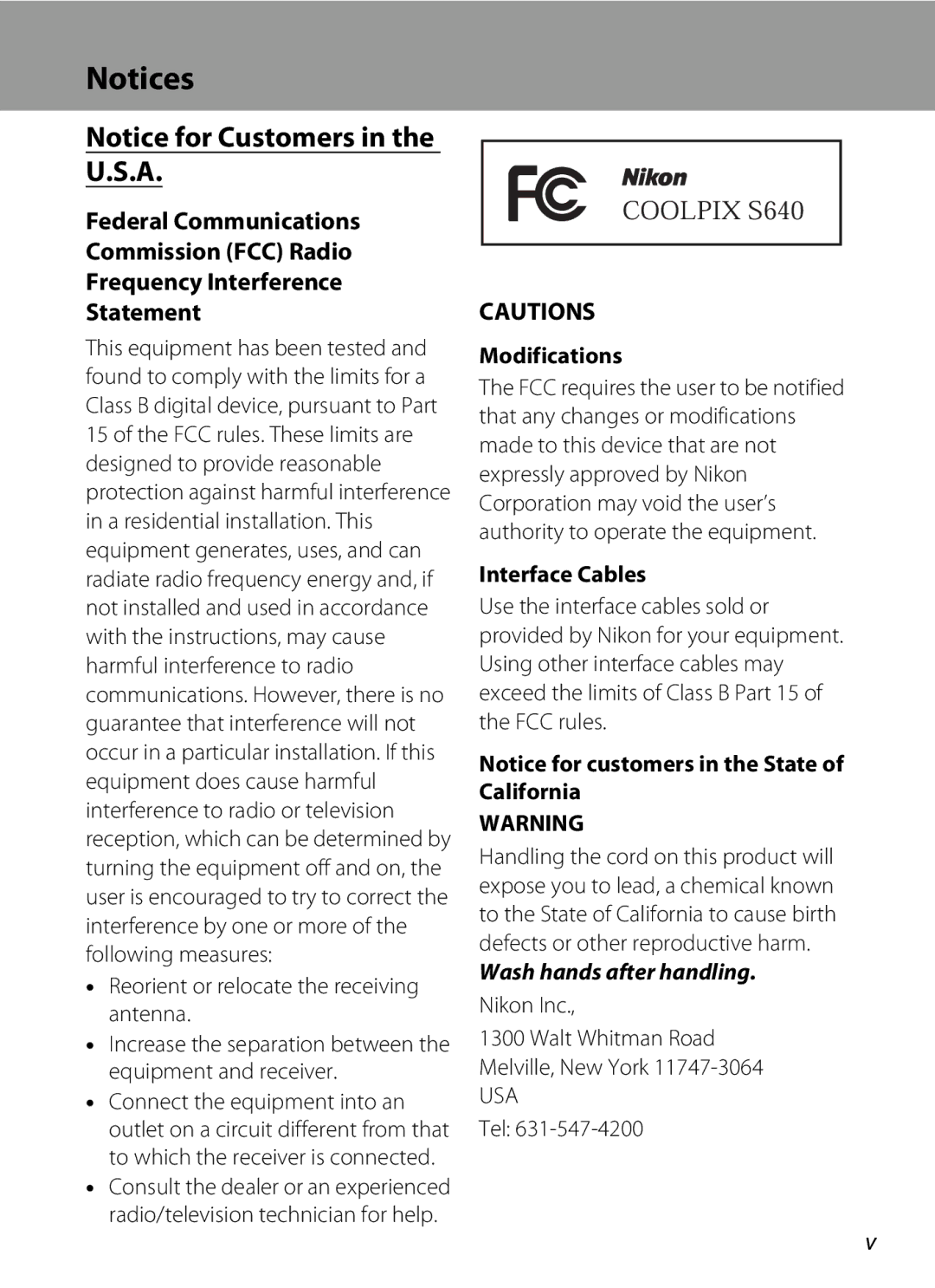 Nortel Networks S640 user manual Modifications, Interface Cables, Nikon Inc Walt Whitman Road Melville, New York, Tel 