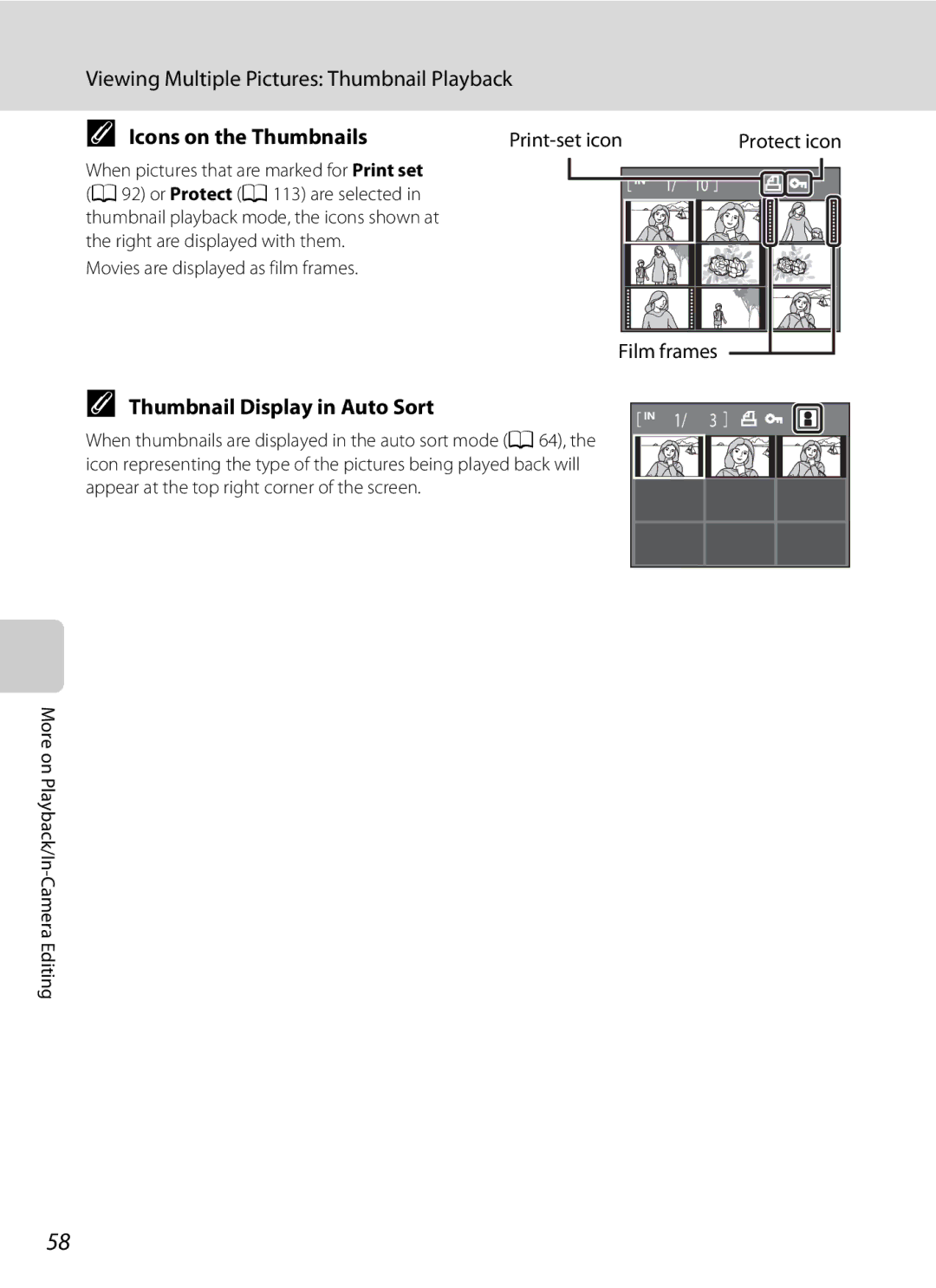 Nortel Networks S640 Viewing Multiple Pictures Thumbnail Playback, Icons on the Thumbnails, Thumbnail Display in Auto Sort 