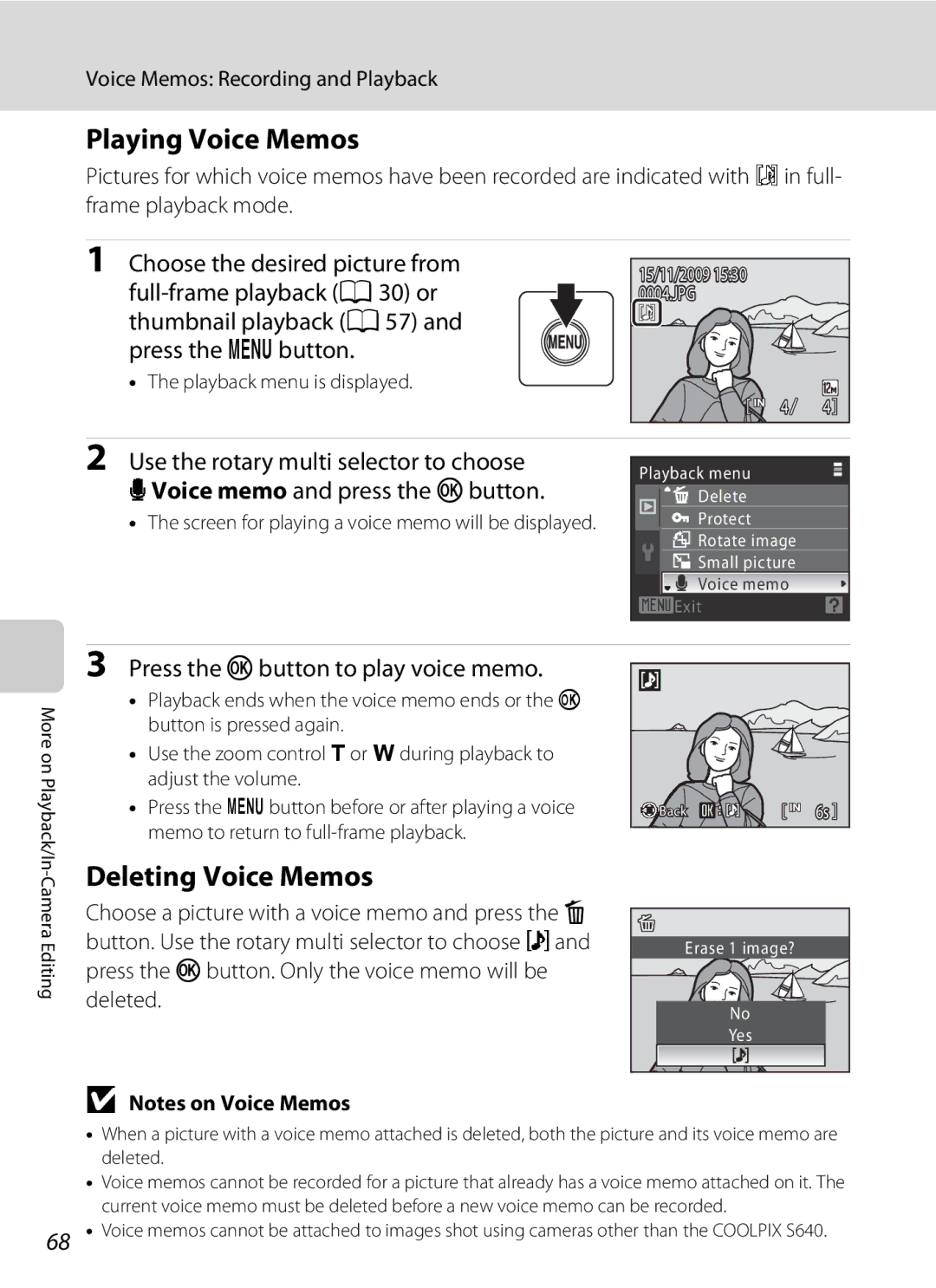 Nortel Networks S640 user manual Playing Voice Memos, Deleting Voice Memos, Press the kbutton to play voice memo 