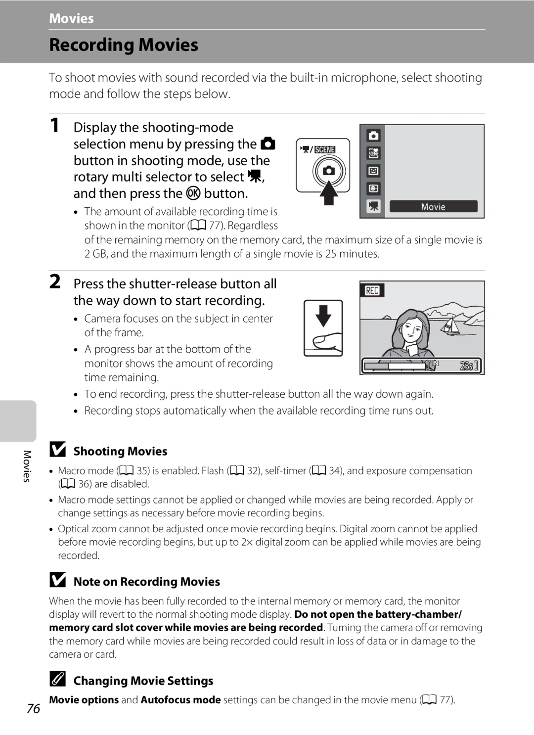 Nortel Networks S640 user manual Recording Movies, Shooting Movies, Changing Movie Settings 