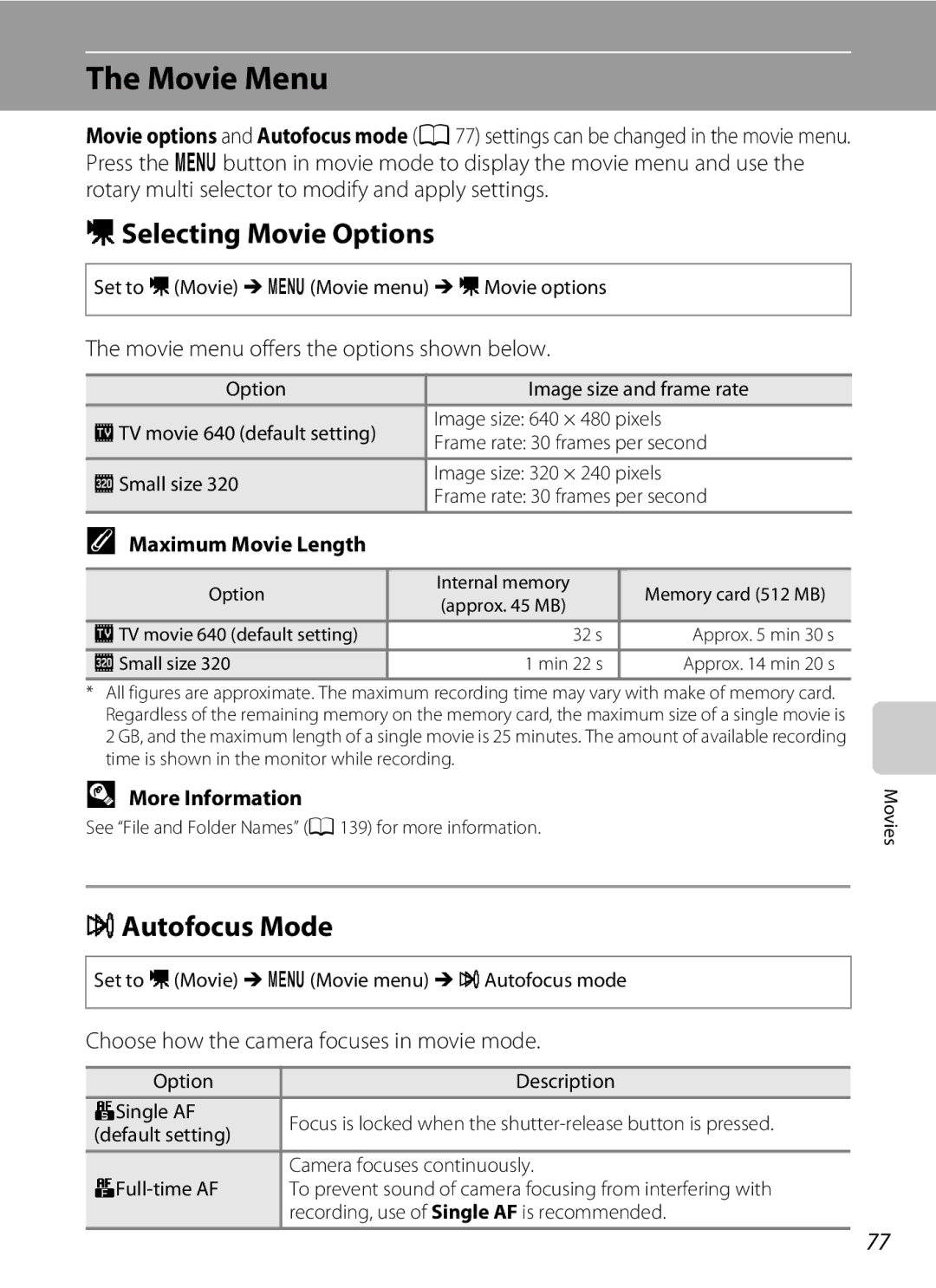 Nortel Networks S640 user manual Movie Menu, DSelecting Movie Options, IAutofocus Mode, Maximum Movie Length 