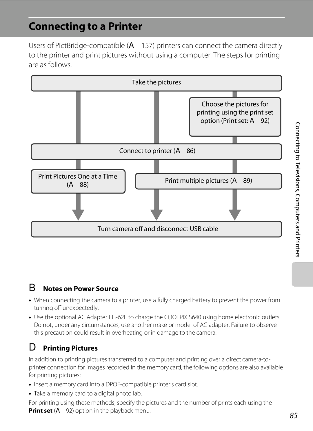 Nortel Networks S640 user manual Connecting to a Printer, Printing Pictures, Take the pictures Choose the pictures for 