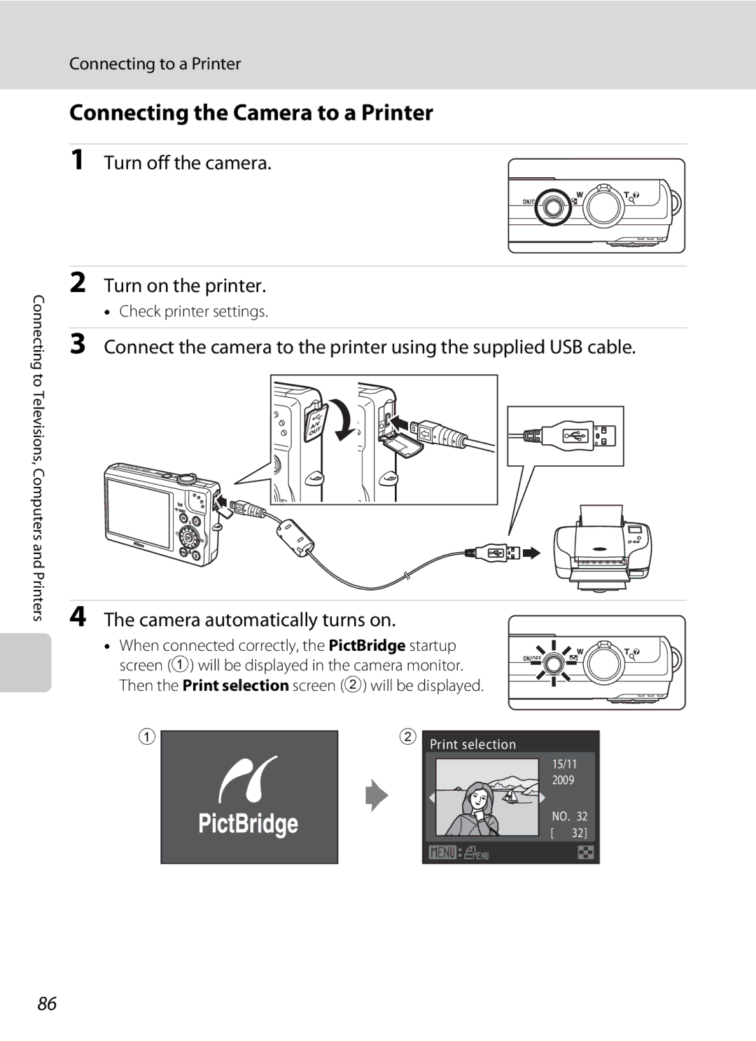 Nortel Networks S640 Connecting the Camera to a Printer, Turn off the camera, Turn on the printer, Connecting to a Printer 