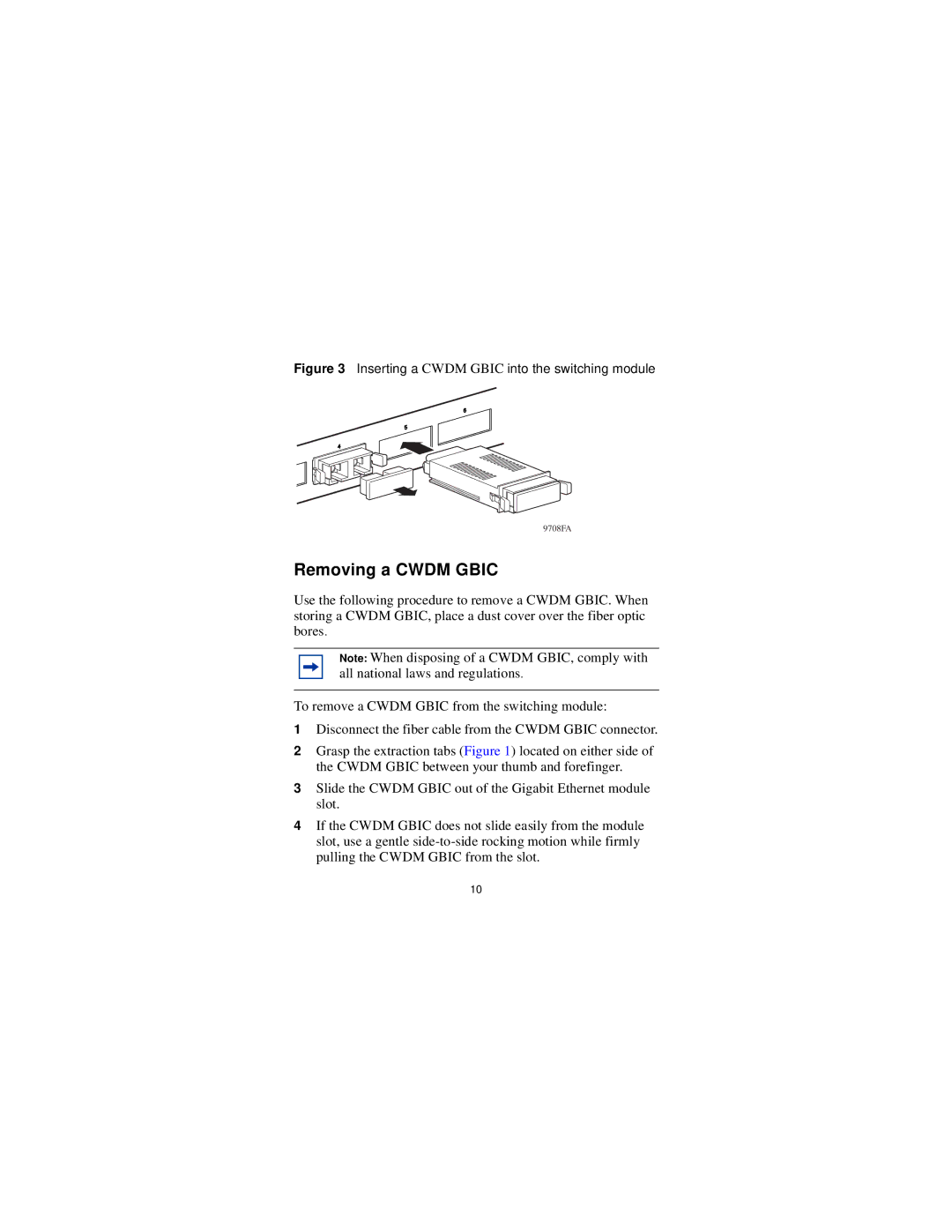 Nortel Networks SFINA286V13, AA1419005 manual Removing a Cwdm Gbic, Inserting a Cwdm Gbic into the switching module 