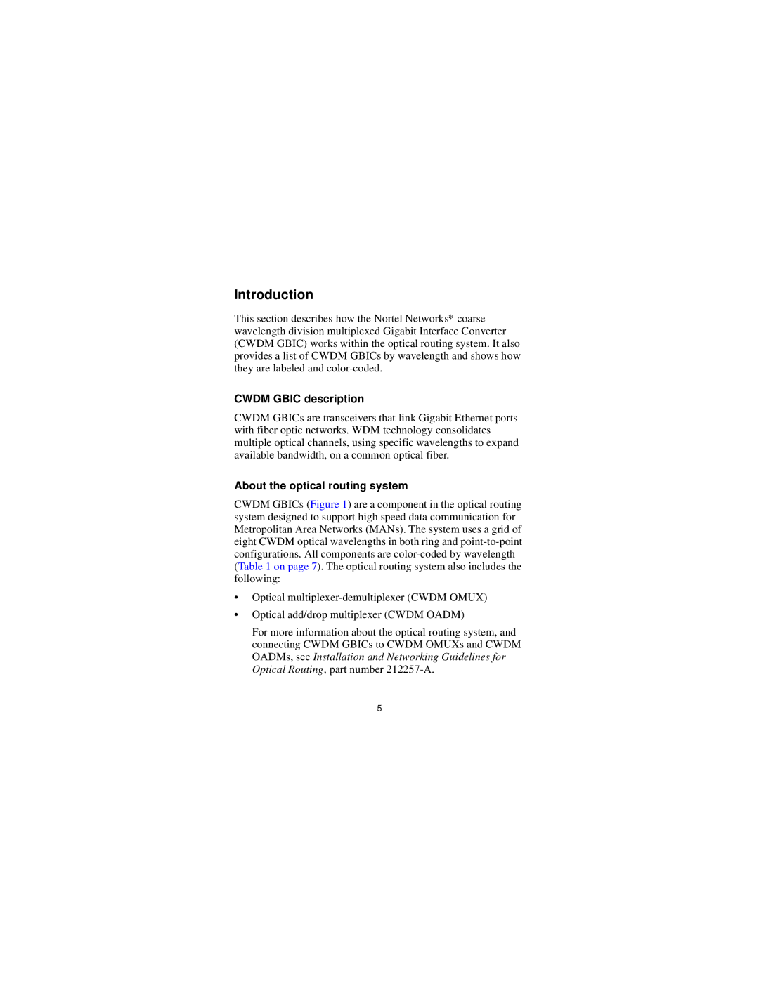 Nortel Networks AA1419005, SFINA286V13 manual Introduction, Cwdm Gbic description, About the optical routing system 