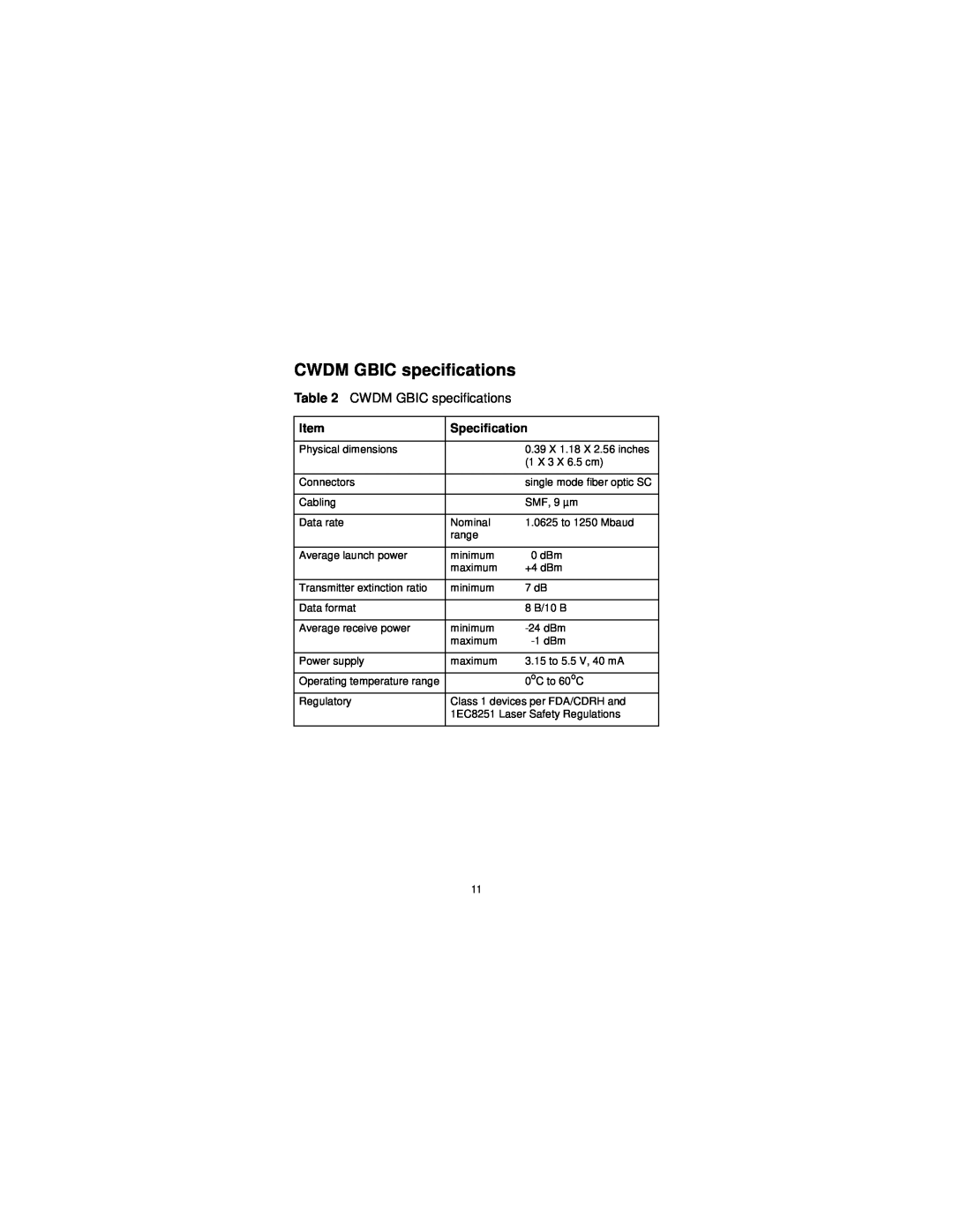 Nortel Networks AA1419005, SFINA286V13 manual CWDM GBIC specifications, Specification 