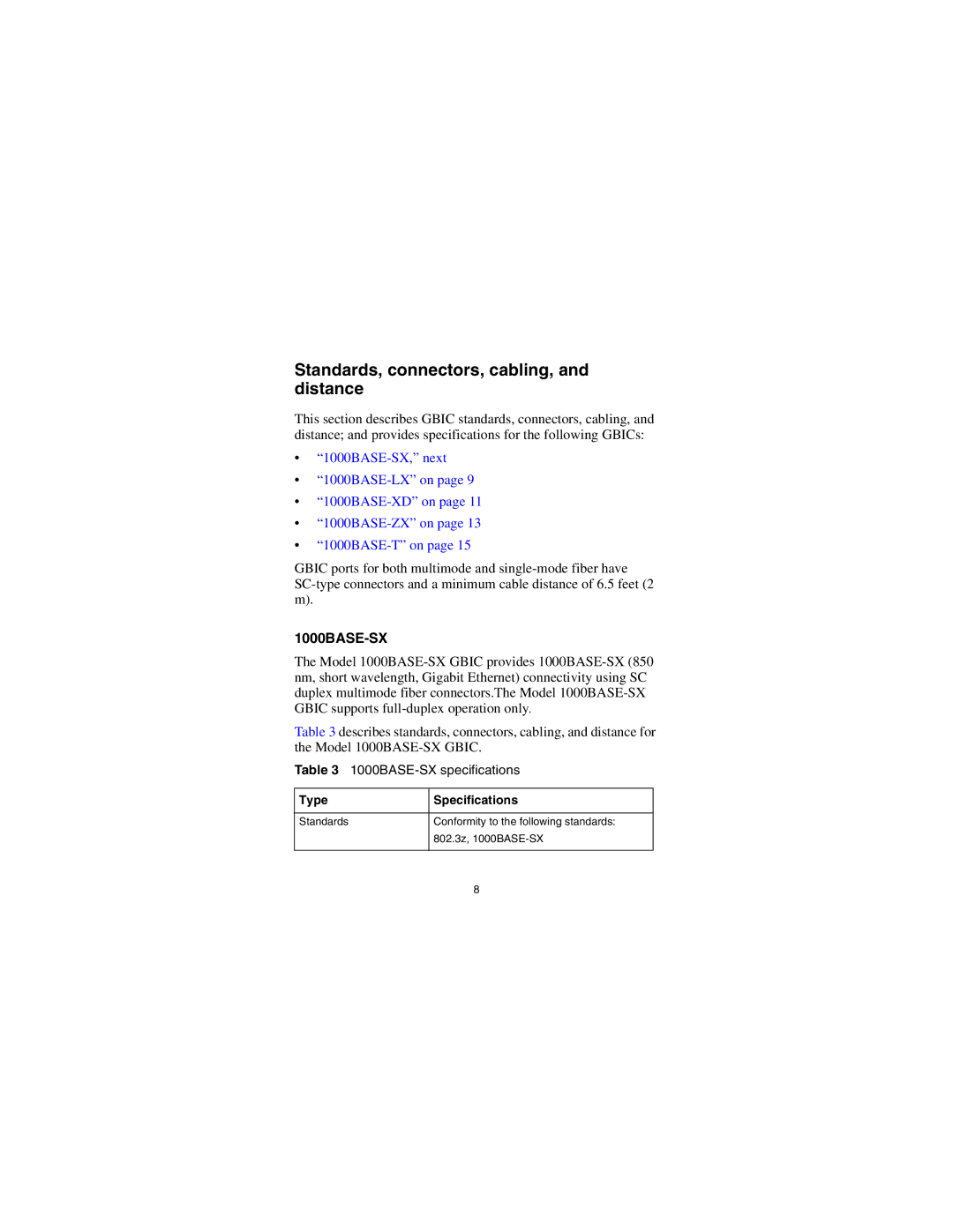 Nortel Networks CWDM SFP manual Standards, connectors, cabling, and distance, Type Specifications 