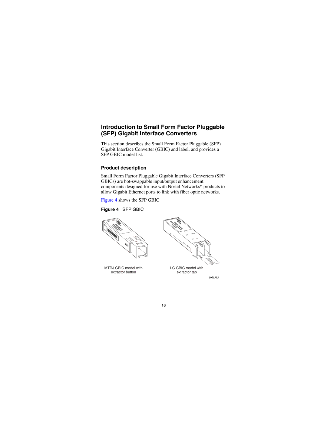 Nortel Networks CWDM SFP manual Shows the SFP Gbic 