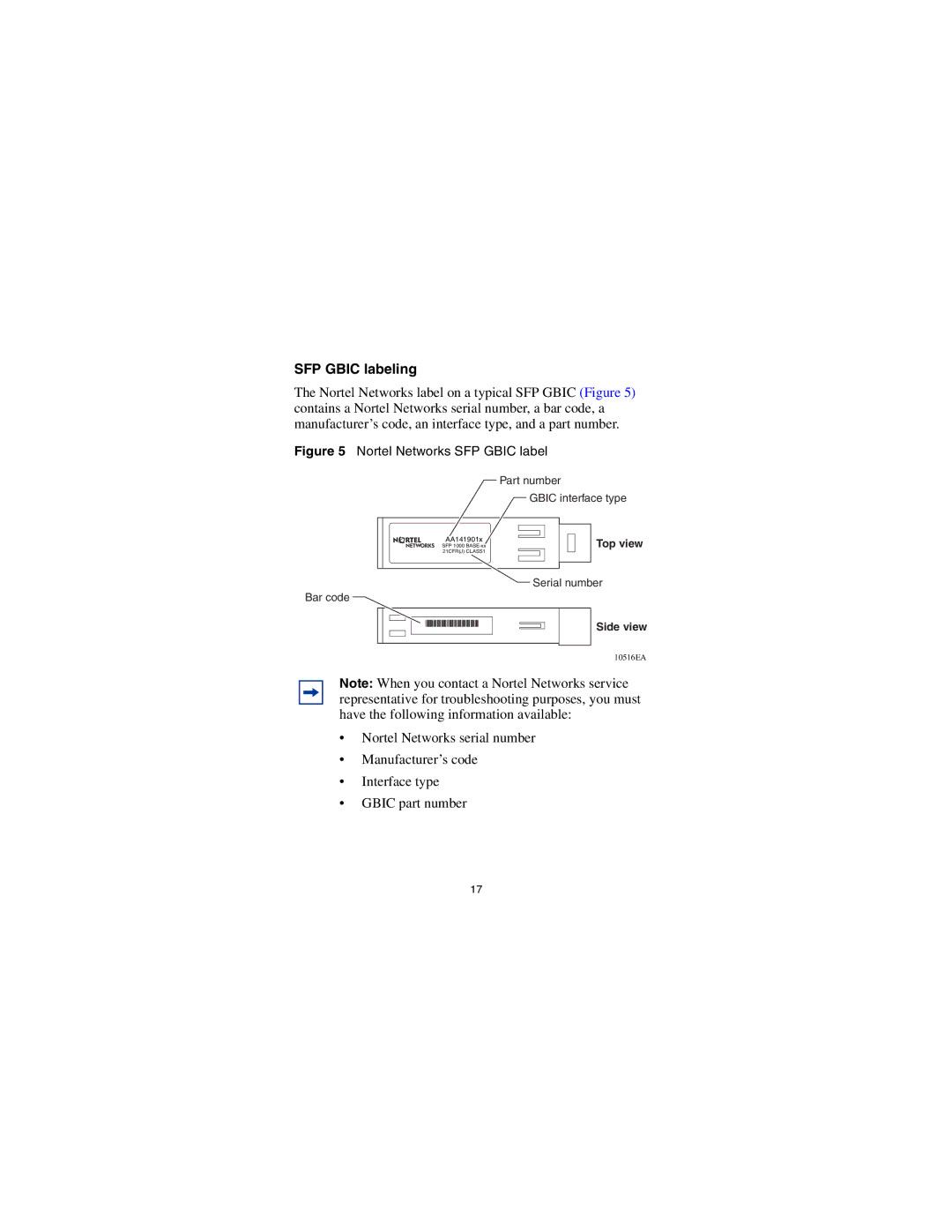 Nortel Networks CWDM SFP manual SFP Gbic labeling, Nortel Networks SFP Gbic label 