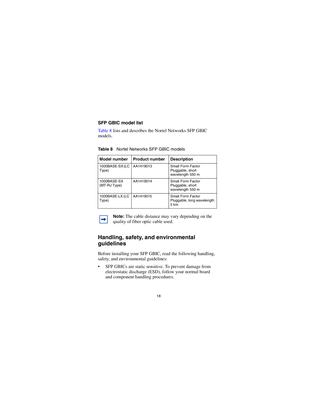 Nortel Networks CWDM SFP manual SFP Gbic model list, Model number Product number Description 