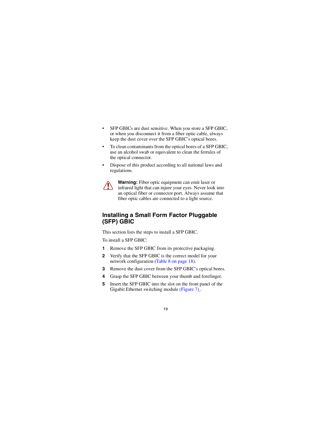 Nortel Networks CWDM SFP manual Installing a Small Form Factor Pluggable SFP Gbic 