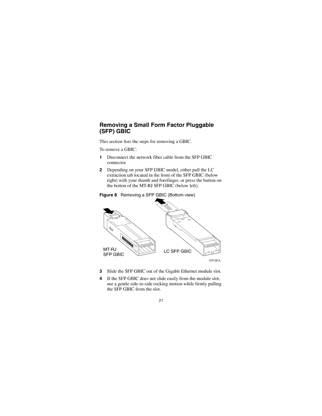 Nortel Networks CWDM SFP manual Removing a Small Form Factor Pluggable SFP Gbic, Removing a SFP Gbic Bottom view 