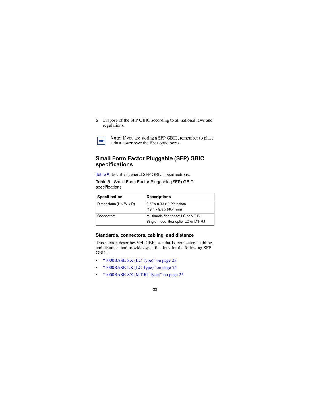 Nortel Networks manual Small Form Factor Pluggable SFP Gbic specifications, Standards, connectors, cabling, and distance 