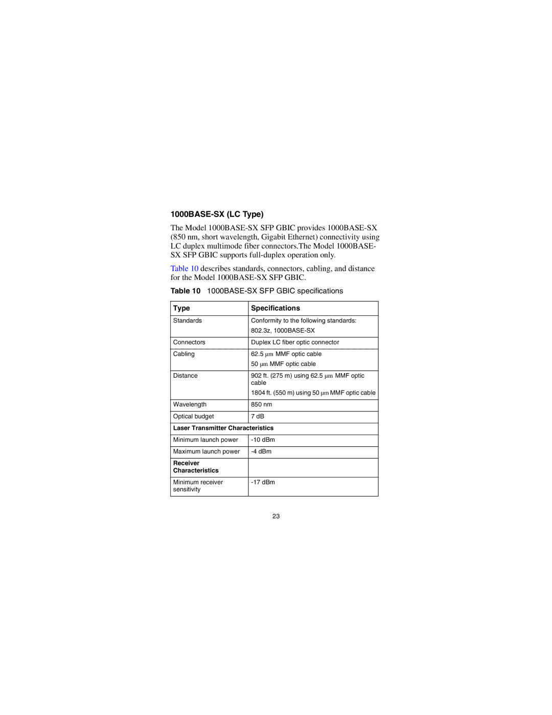 Nortel Networks CWDM SFP manual 1000BASE-SX LC Type, Type Specifications 