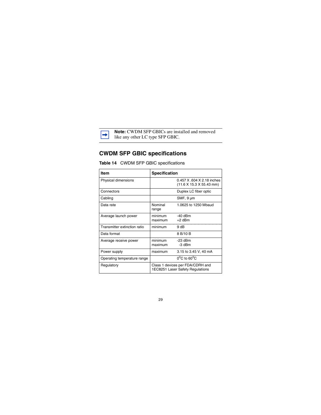 Nortel Networks CWDM SFP manual Cwdm SFP Gbic specifications, Specification 